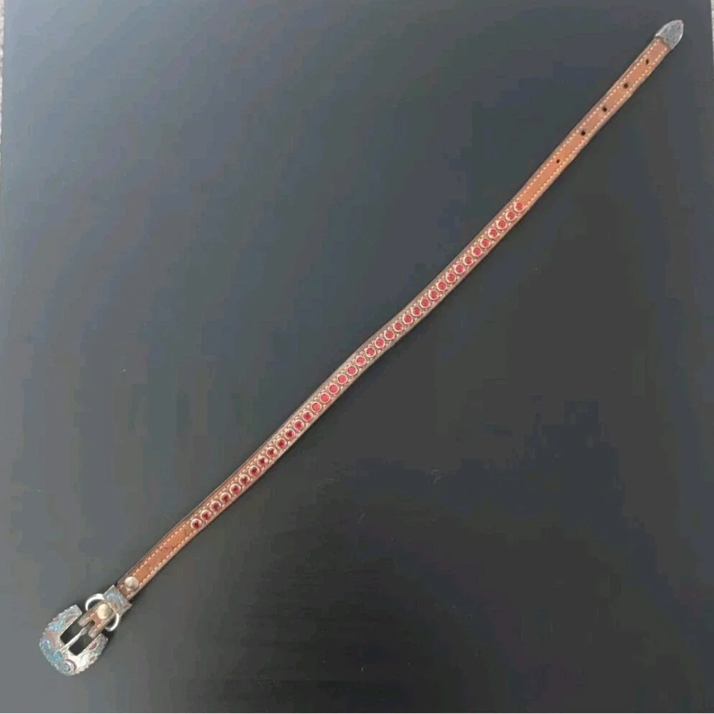 Dog Collar Brown Leather Silver Plate With Red And Blue Stone Inlay Buckle Bling